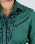 Ladies Cotton Green Embroidery Western Shirt