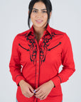 Ladies Cotton Red Embroidery Western Shirt