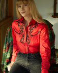 Ladies Cotton Red Embroidery Western Shirt