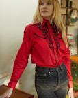 Ladies Cotton Red Embroidery Western Shirt