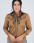 Ladies Cotton Camel Embroidery Western Shirt