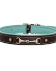 ExionPro Silver Snaffle Padded Leather Dog Collar - Sky Blue Padding