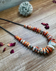 22 Inch orange spiny, turquoise and sterling silver pearls