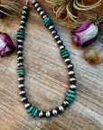NFR Collection Necklace – 12mm Sterling Silver Pearls with 16mm Green Turquoise Rondelle – Handmade by The Bijoux FAB – 21.5"