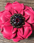 Bright Pink Gardenia Leather Flowers - 1" Crystal Conchos - Options