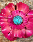 Hand Painted Leather Flowers - Carnations - Round Turquoise Cabochons