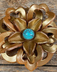Hand Painted Leather Flowers - Lotus - Round Turquoise Cabochons