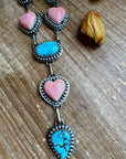 Lariat Necklace – Golden Hill Turquoise & Pink Conch Heart – 34” Adjustable Statement Piece