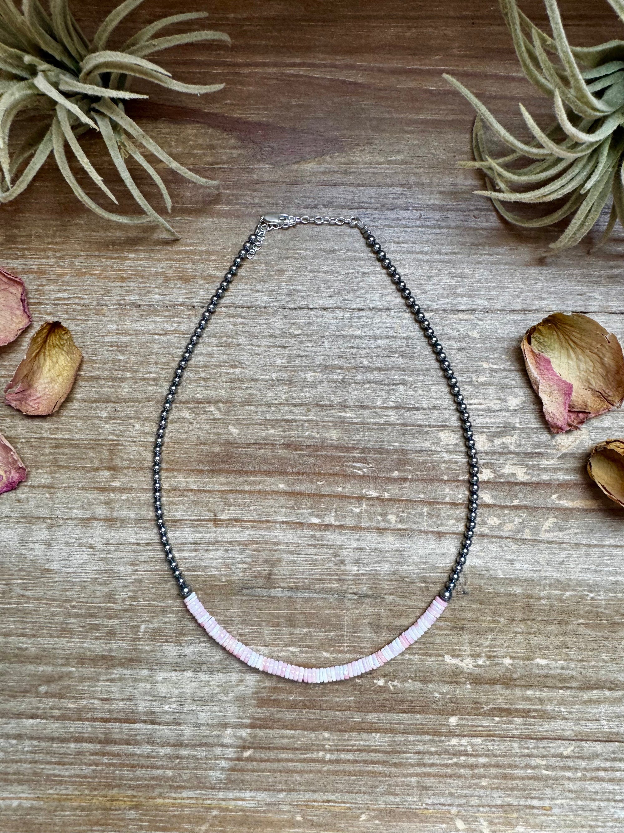 15-Inch Pink Conch Heishi Necklace – Sterling Silver Pearls, Handmade