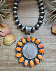 Orange Spiny Oyster & Silver Coin Pendant – Signed by Gabby
