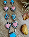 Lariat Necklace – Golden Hill Turquoise & Pink Conch Heart – 34” Adjustable Statement Piece