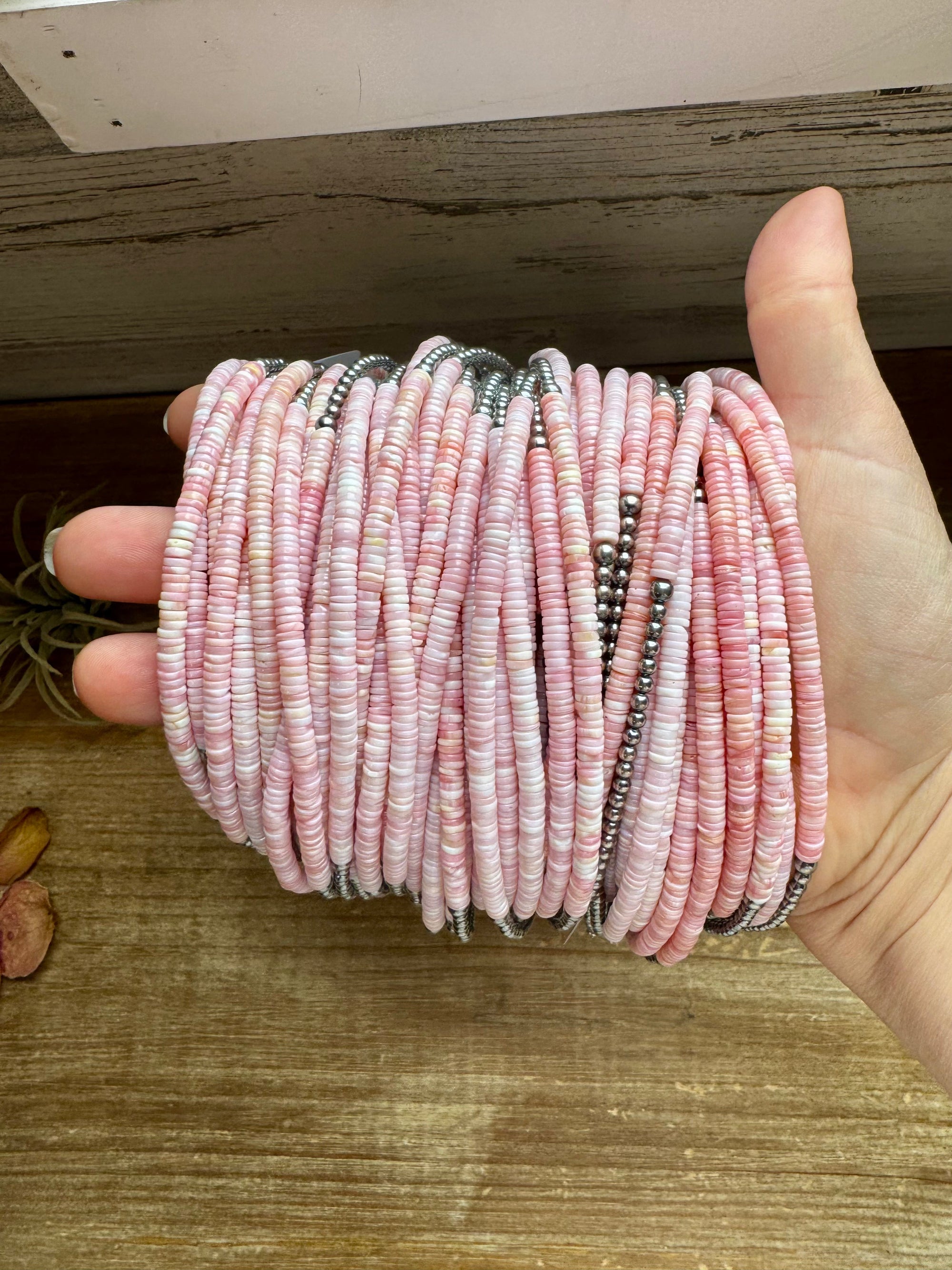 15-Inch Pink Conch Heishi Necklace – Sterling Silver Pearls, Handmade