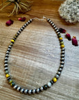 18 inch 8 mm Sterling Silver Pearls necklace and bumblebee jasper beads