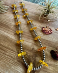 26 inch sterling silver pearls necklace with yellow amber beads