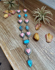 Lariat Necklace – Golden Hill Turquoise & Pink Conch Heart – 34” Adjustable Statement Piece