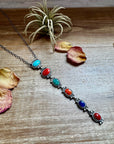 Sterling Silver Lariat Necklace – Native Made – Turquoise, Spiny, & Lapis Charms – One of a Kind