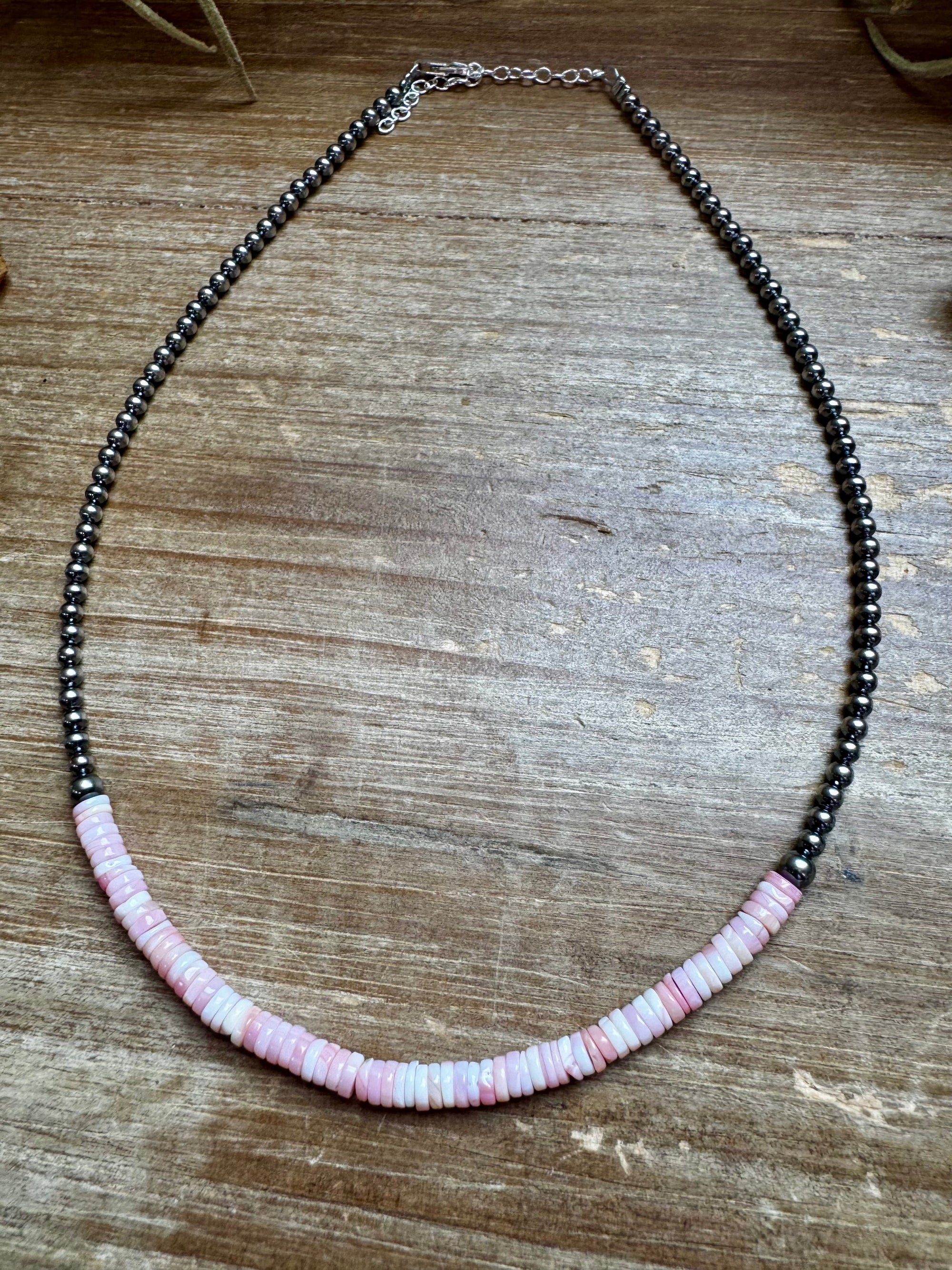 15-Inch Pink Conch Heishi Necklace – Sterling Silver Pearls, Handmade