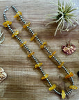 26 inch sterling silver pearls necklace with yellow amber beads