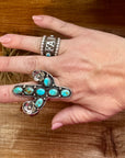 Blue Turquoise Cactus Ring with flower - Adjustable - Brass silver