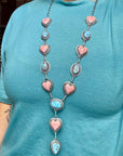 Lariat Necklace – Golden Hill Turquoise & Pink Conch Heart – 34” Adjustable Statement Piece