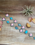 Lariat Necklace – Golden Hill Turquoise & Pink Conch Heart – 34” Adjustable Statement Piece