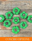 Green Gardenia Leather Flowers - 1" Crystal Conchos - Options