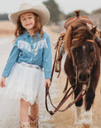 Shea Baby Denim Fringe Pearl Snap Shirt