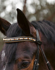 Geneva - Black Patent Snaffle Bridle with Metallic Gold Piping with Removable Flash