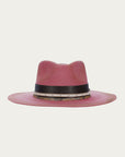 H0001 - DISTRESSED PINK HEART AND WINGS ON CROWN COWGIRL HAT WITH BROWN LEATHER CROSSPIECE AND PYTHON PRINT HATBAND