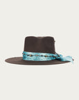 H0013 - DARK BROWN COWGIRL HAT WITH FABRIC HATBAND WITH CONCHOS