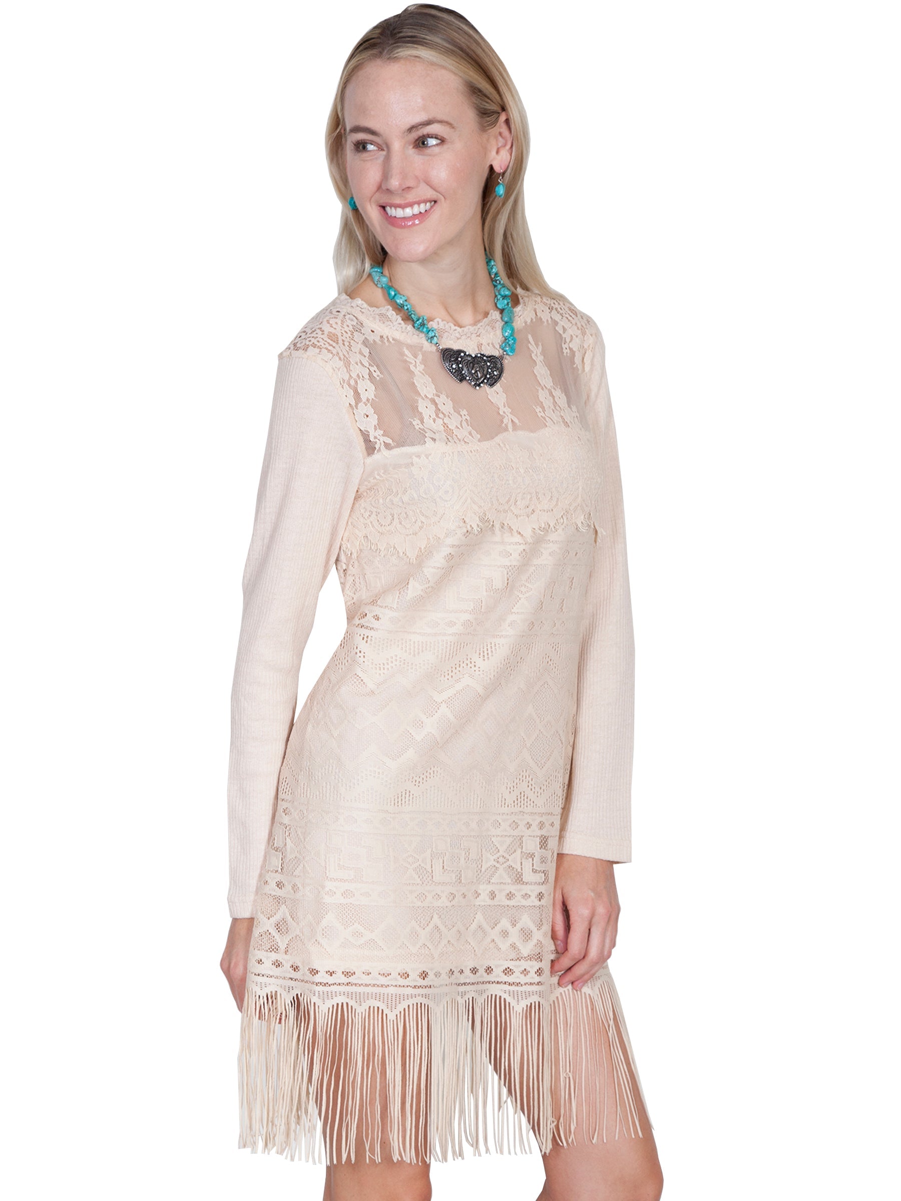 Lace/fringe Dress W/knit Sleeves - HC230