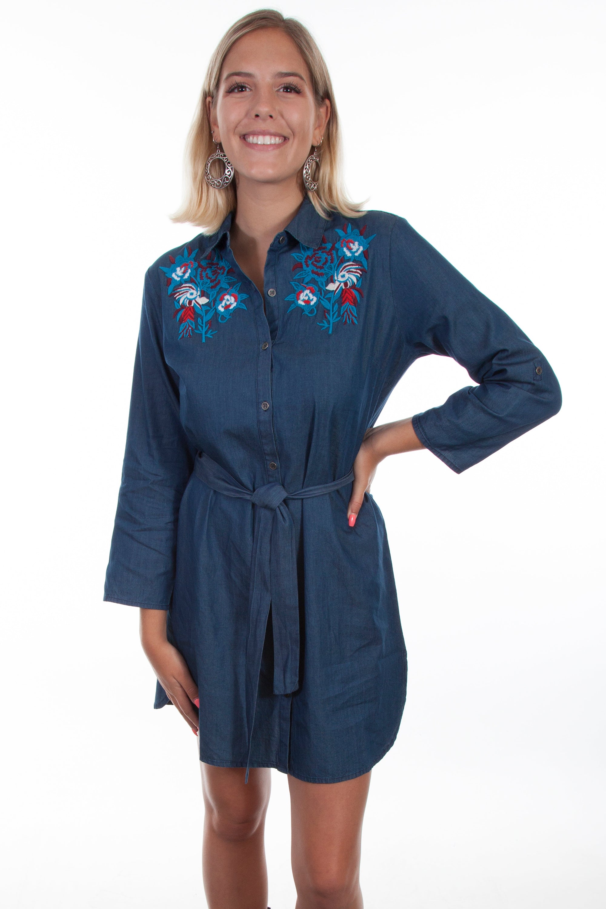 Rose Emb. Denim Dress W/belt - HC468