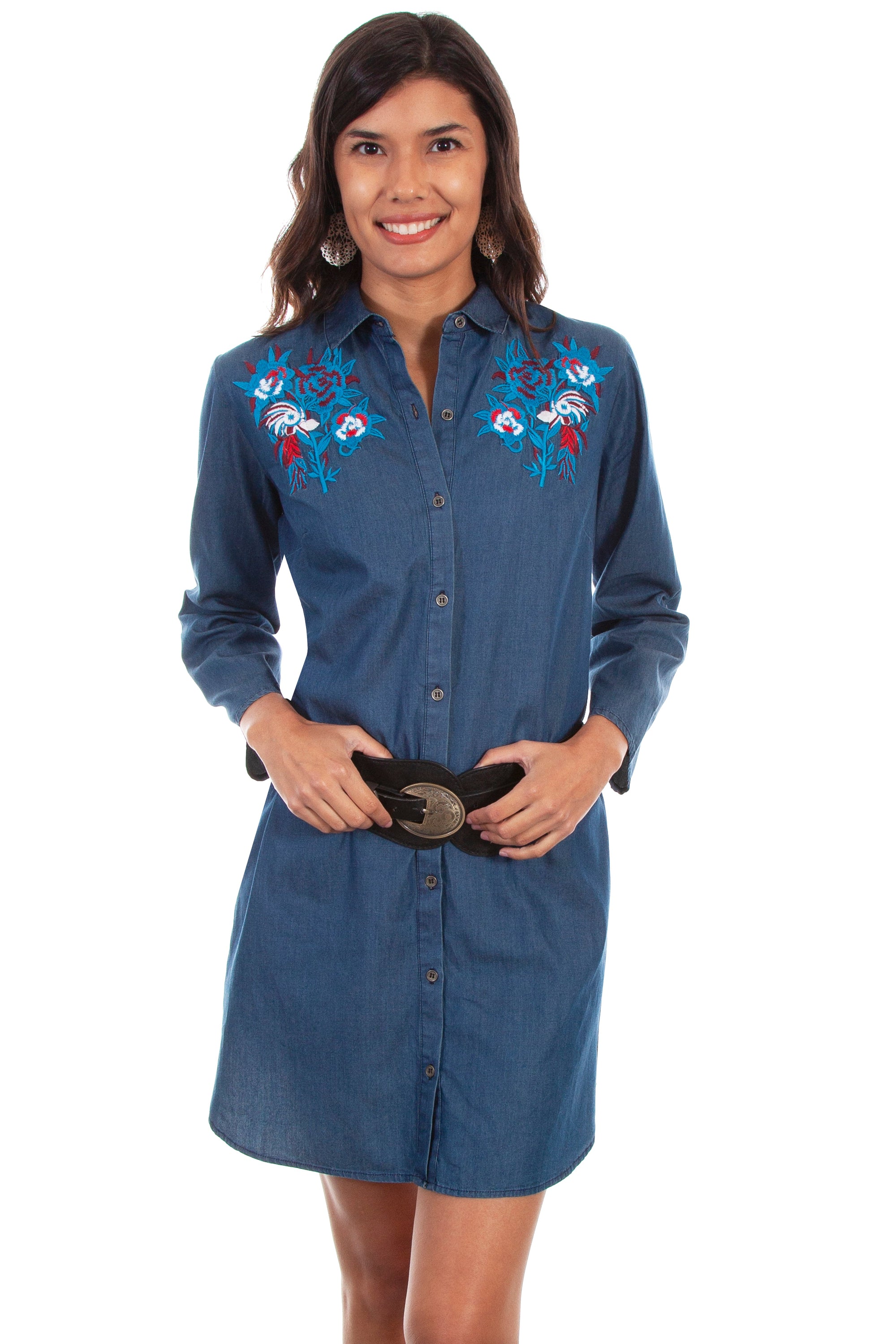 Rose Emb. Denim Dress W/belt - HC468