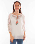 Tie Front Pull Over Emb Blouse - HC880