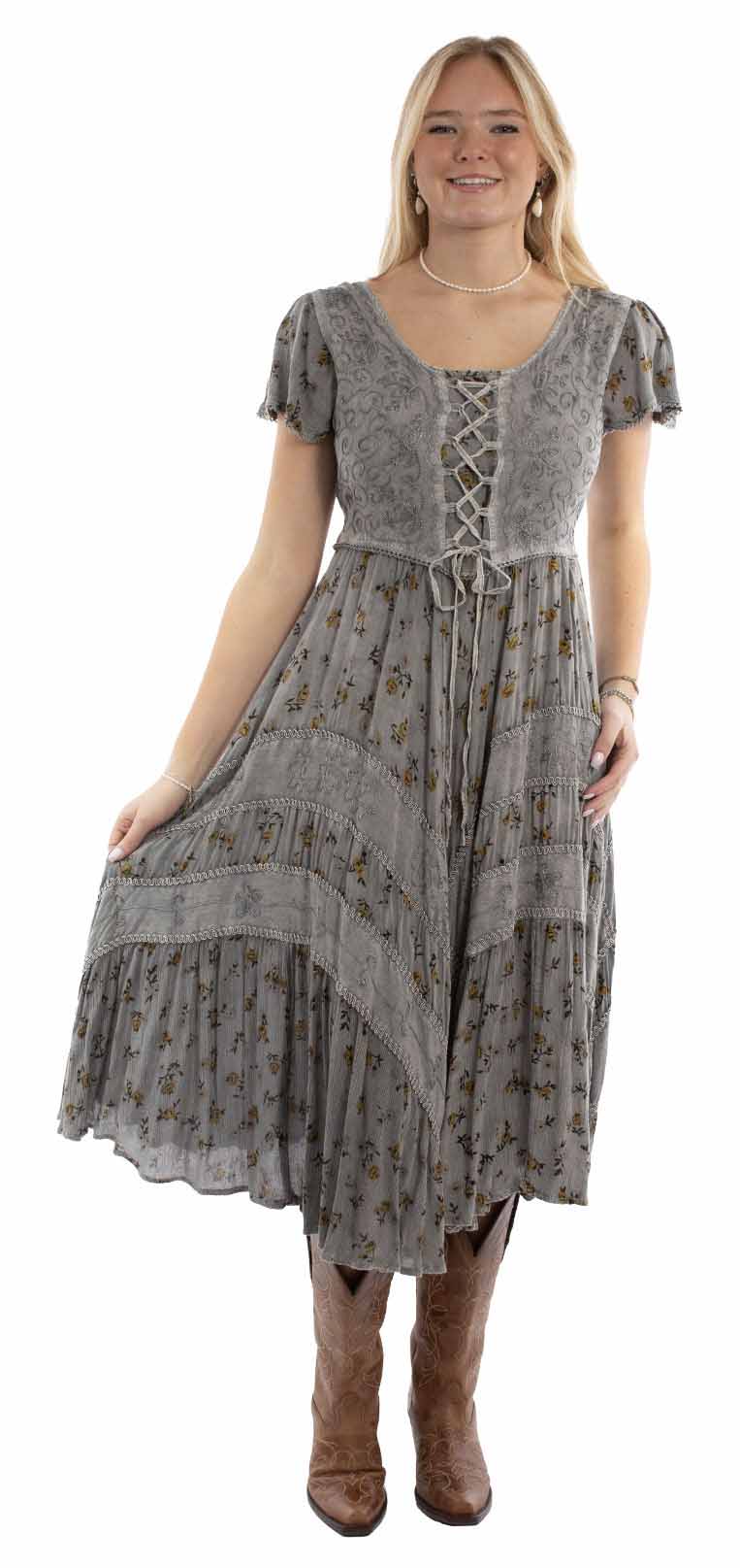 Capsleeve Printed Lace Front Dress - HC959