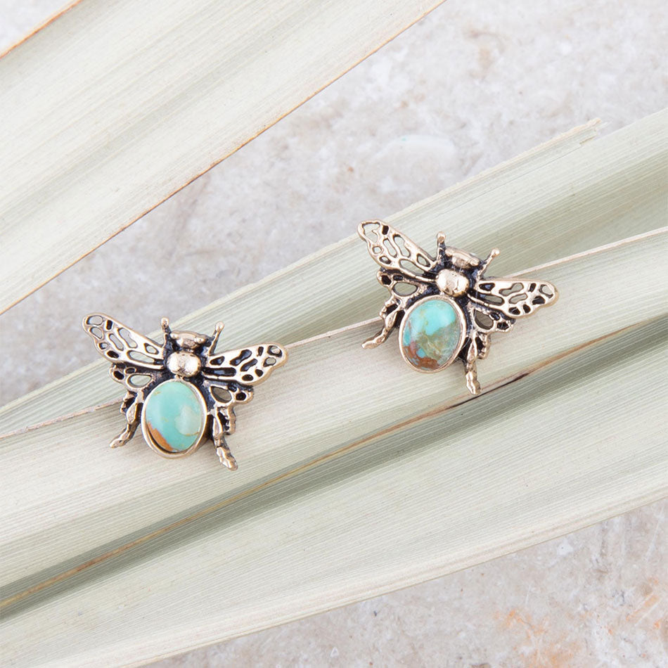 Green Turquoise Golden Honey Bee Earrings