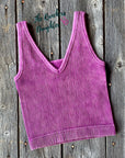Magenta Ribbed Crop Tank with Reversible Neckline