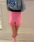 Pink Mid Rise Denim Shorts