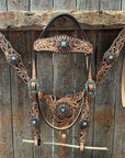 Light Oil Floral Whipstitch and Turquoise Browband/ One Ear Triangle / Gladiator Breastcollar Tack Set