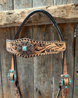 Light Oil Floral Whipstitch and Turquoise Browband/ One Ear Triangle / Gladiator Breastcollar Tack Set