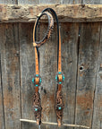 Light Oil Floral Whipstitch and Turquoise Browband/ One Ear Triangle / Gladiator Breastcollar Tack Set
