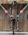 Multi Flower Hot Pink Browband / One Ear - Breastcollar Tack Set