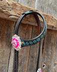 Multi Flower Hot Pink Browband / One Ear - Breastcollar Tack Set