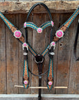 Multi Flower Hot Pink Browband / One Ear - Breastcollar Tack Set