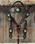 Dark Oil Hand Painted Antique Silver Turquoise Browband/One Ear and Breastcollar Tack Set