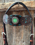 Dark Oil Hand Painted Antique Silver Turquoise Browband/One Ear and Breastcollar Tack Set
