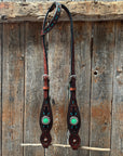 Dark Oil Hand Painted Antique Silver Turquoise Browband/One Ear and Breastcollar Tack Set