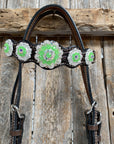 Dark Oil Floral Neon Green Browband / One Ear Tack Set