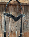 Floral V Browband Black Draft Headstall / Bridle
