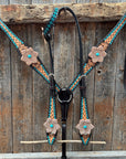 Multi Flower Bling & Turquoise One Ear - Breastcollar Tack Set